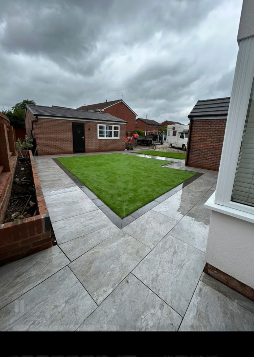 Porcelain terrace and artificial lawn completed by JRJ Landscaping in South Liverpool